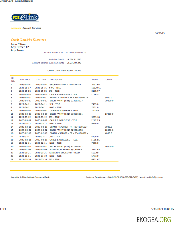 Modèle Word et PDF de relevé de la Banque nationale commerciale de la Jamaïque